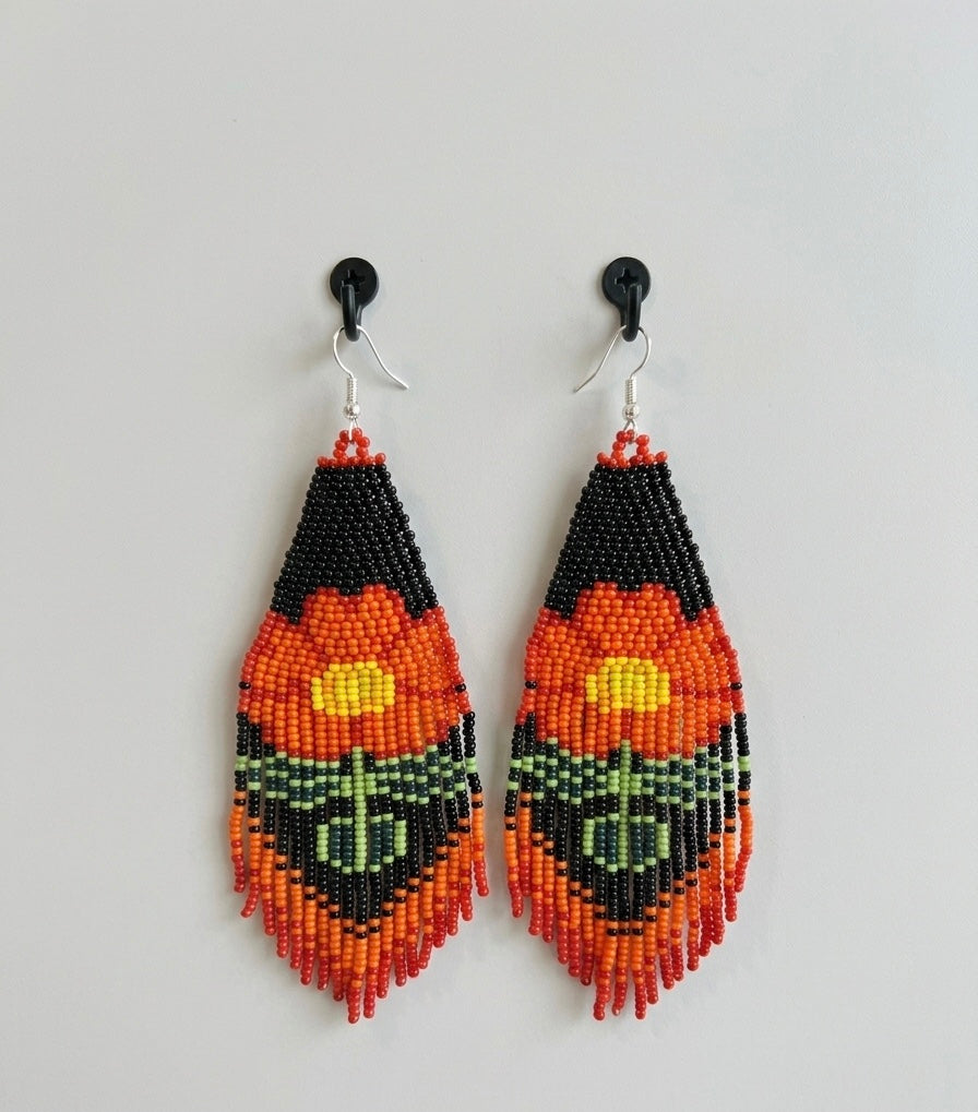 Flower Beaded Earrings ( Orange )