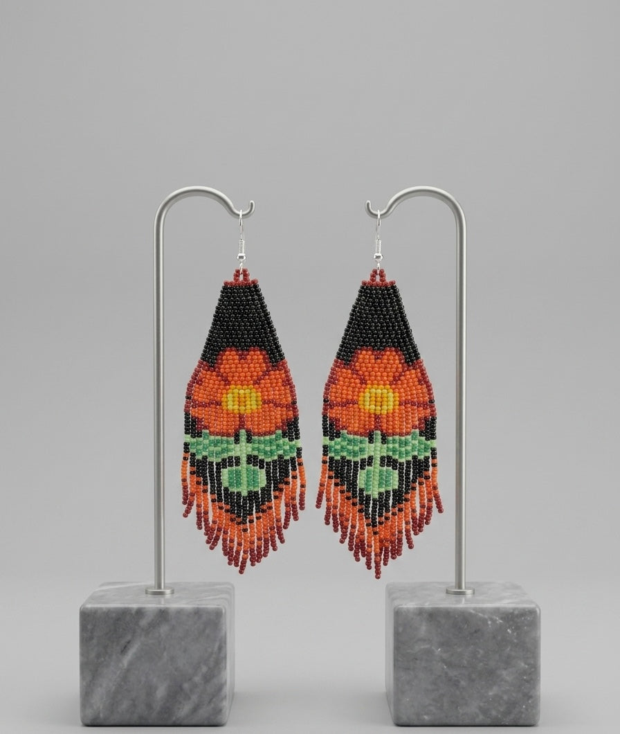 Flower Beaded Earrings ( Orange )-2