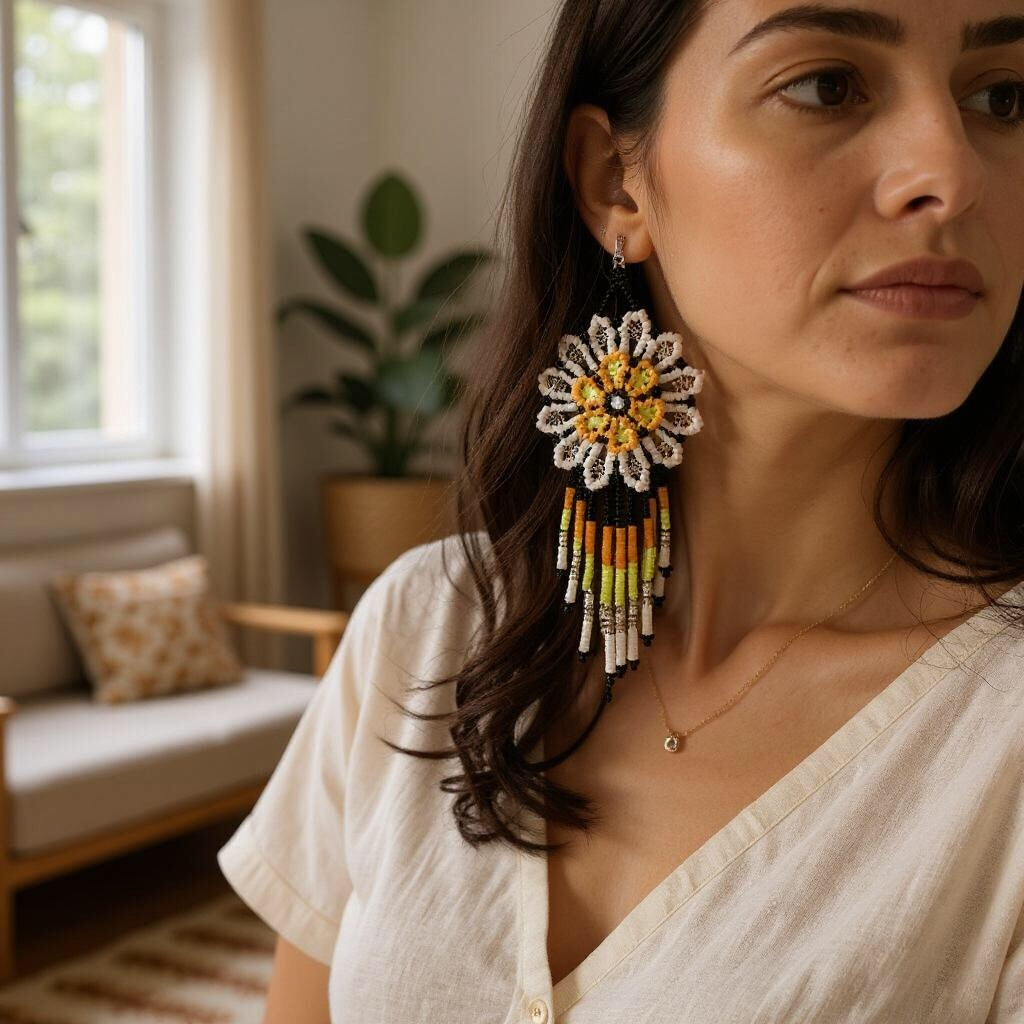 Yellow white Flower beaded Earrings-2