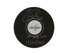 Rondelle modèle autographe des Capitals de Washington, autographiée par Zach Fucale, avec l'inscription "1st NHL Win 11/11/2021".-1