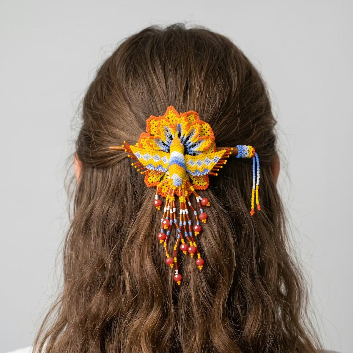 Maple Blossom Hummingbird Beaded Hair Stick Barrette Yellow-4