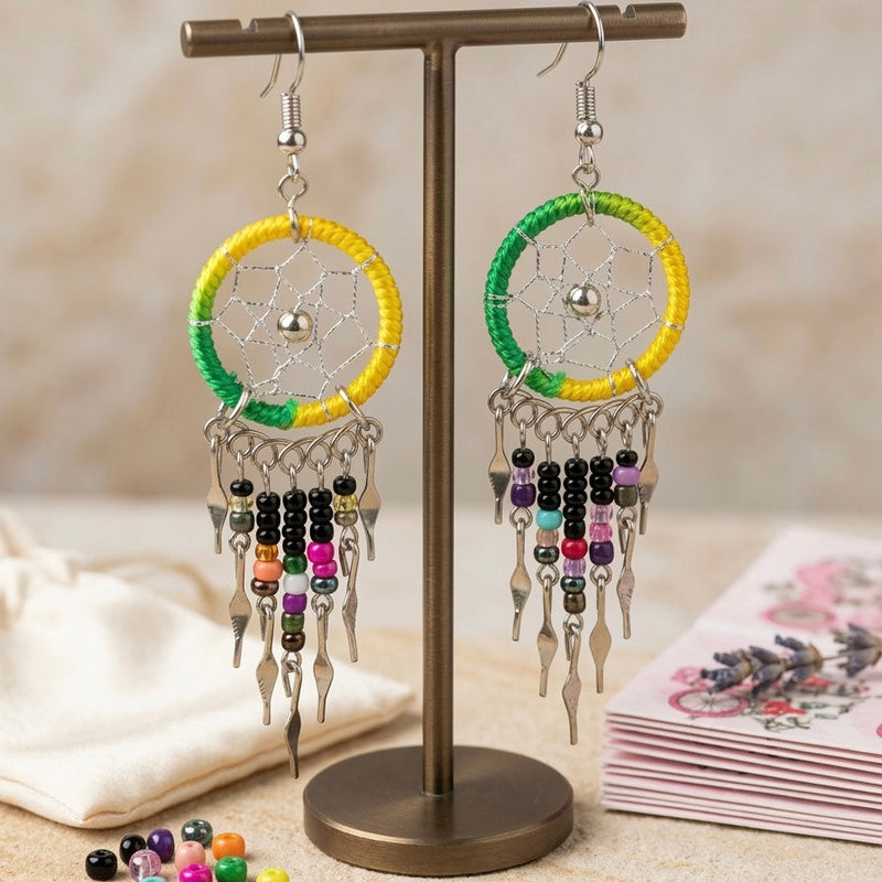 Yellow/greenBeaded Dreamcatcher earrings-2