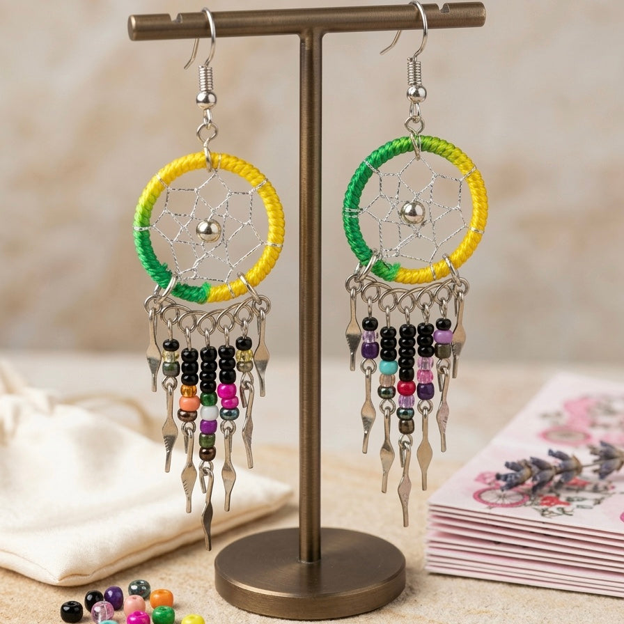 Yellow/greenBeaded Dreamcatcher earrings-2