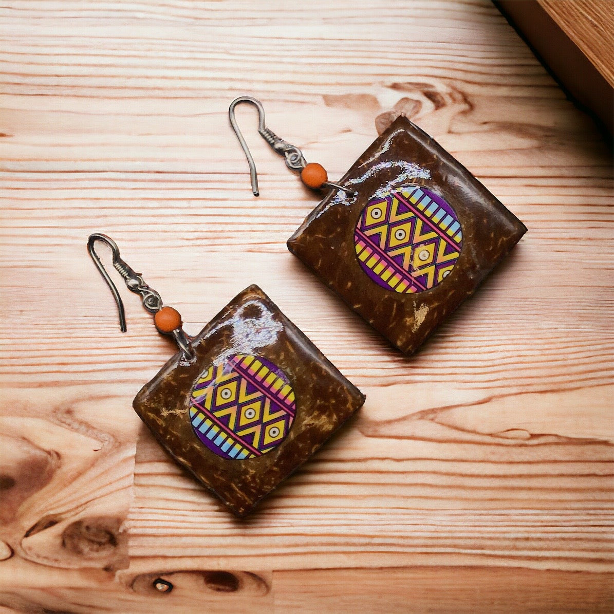 Wood Painted Purple Square Earrings-2