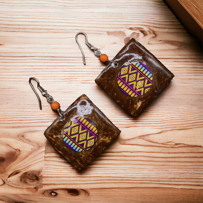 Wood Painted Purple Square Earrings-2