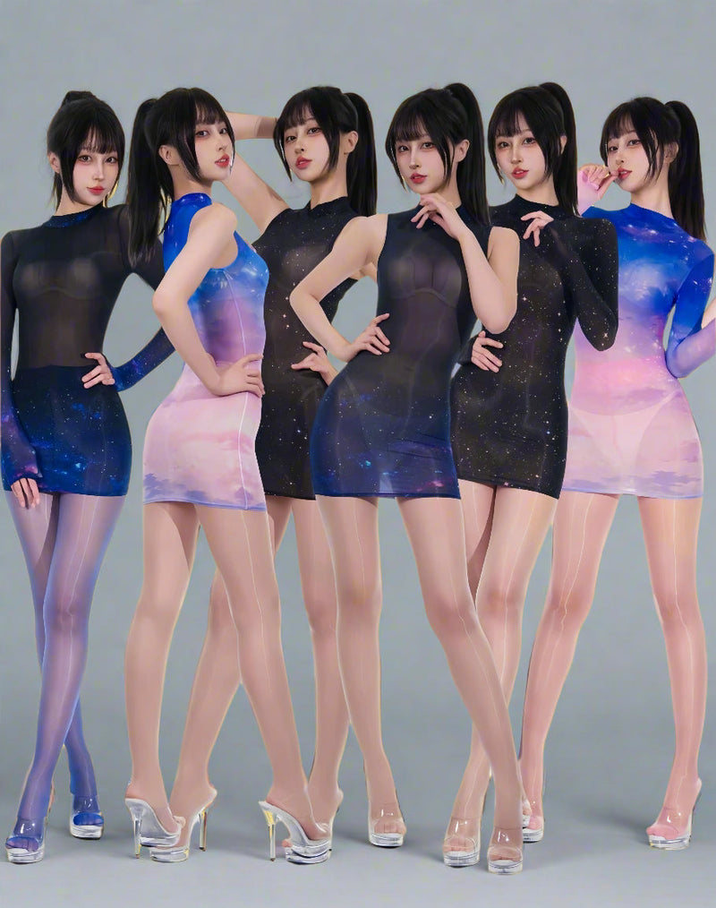 Sheer Spandex 10D Nylon Short Dress See Through Galaxy Lingerie Dress-9
