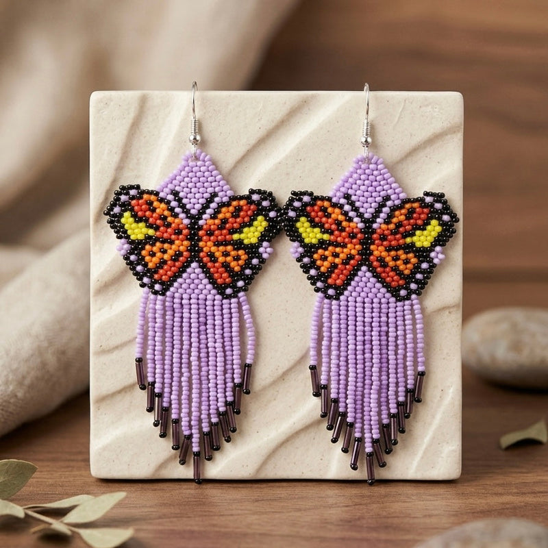 Purple Beaded Dancing Wing Earrings-3