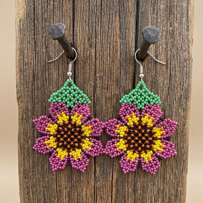 Sunflower Beaded Earrings (Purple)-1