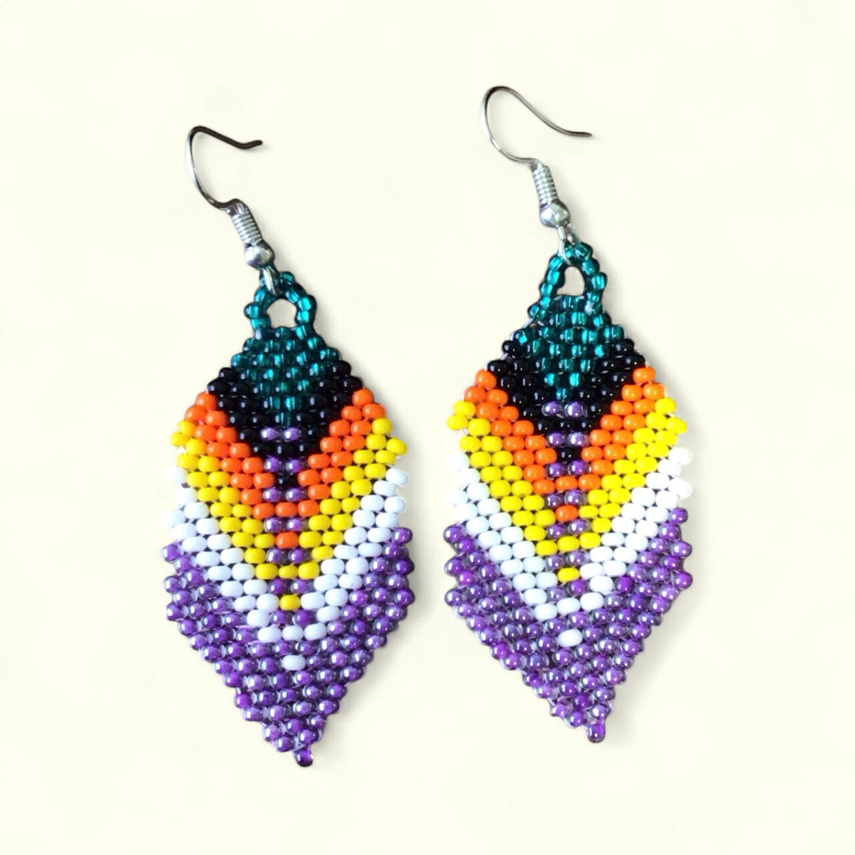 Green and light purple Beaded Feather Drop Earrings-2