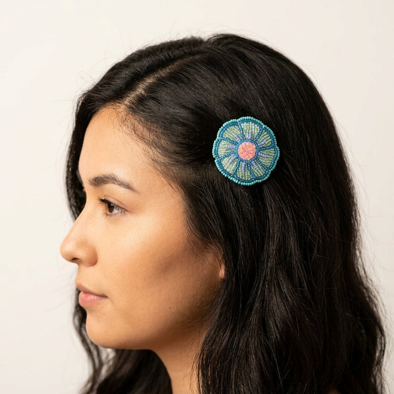 Turquoise Beaded Flower Barrette-1