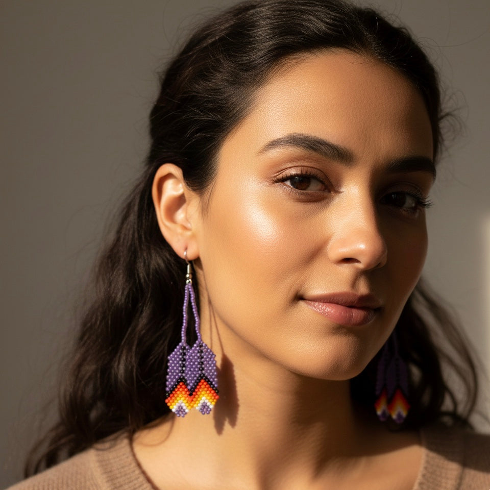 Purple Beaded Feather Earrings-3