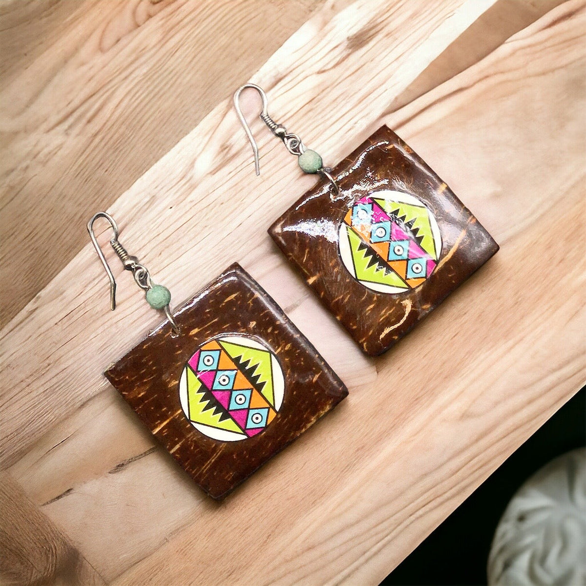 Wood Painted Green Square Earrings-2