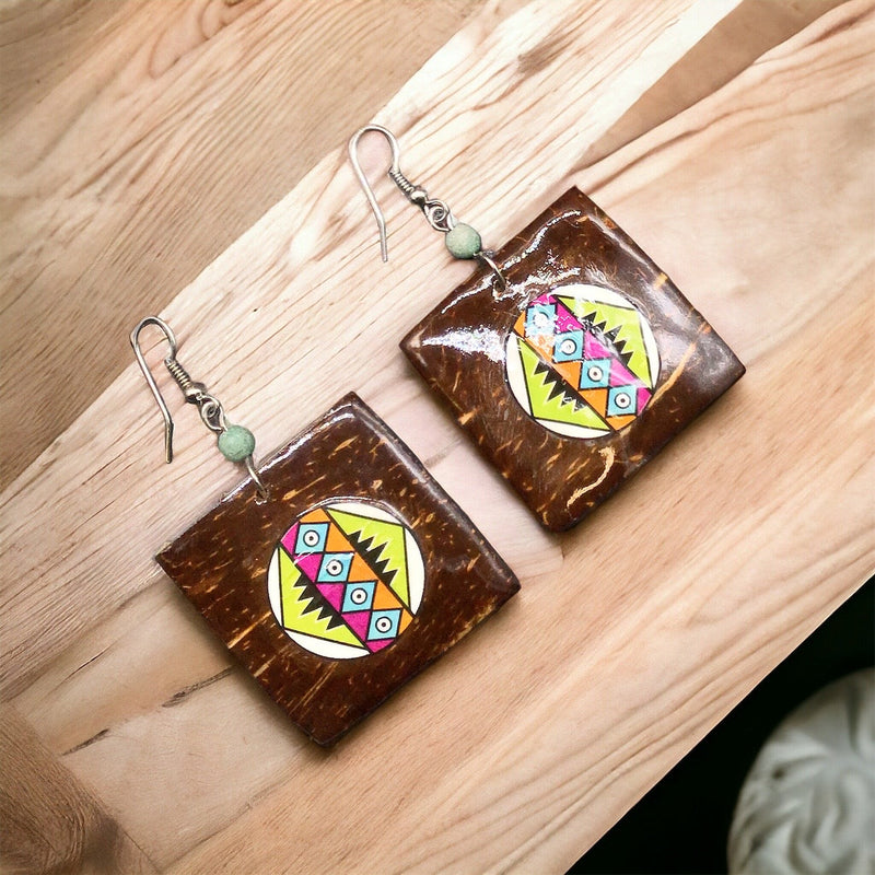 Wood Painted Green Square Earrings-2