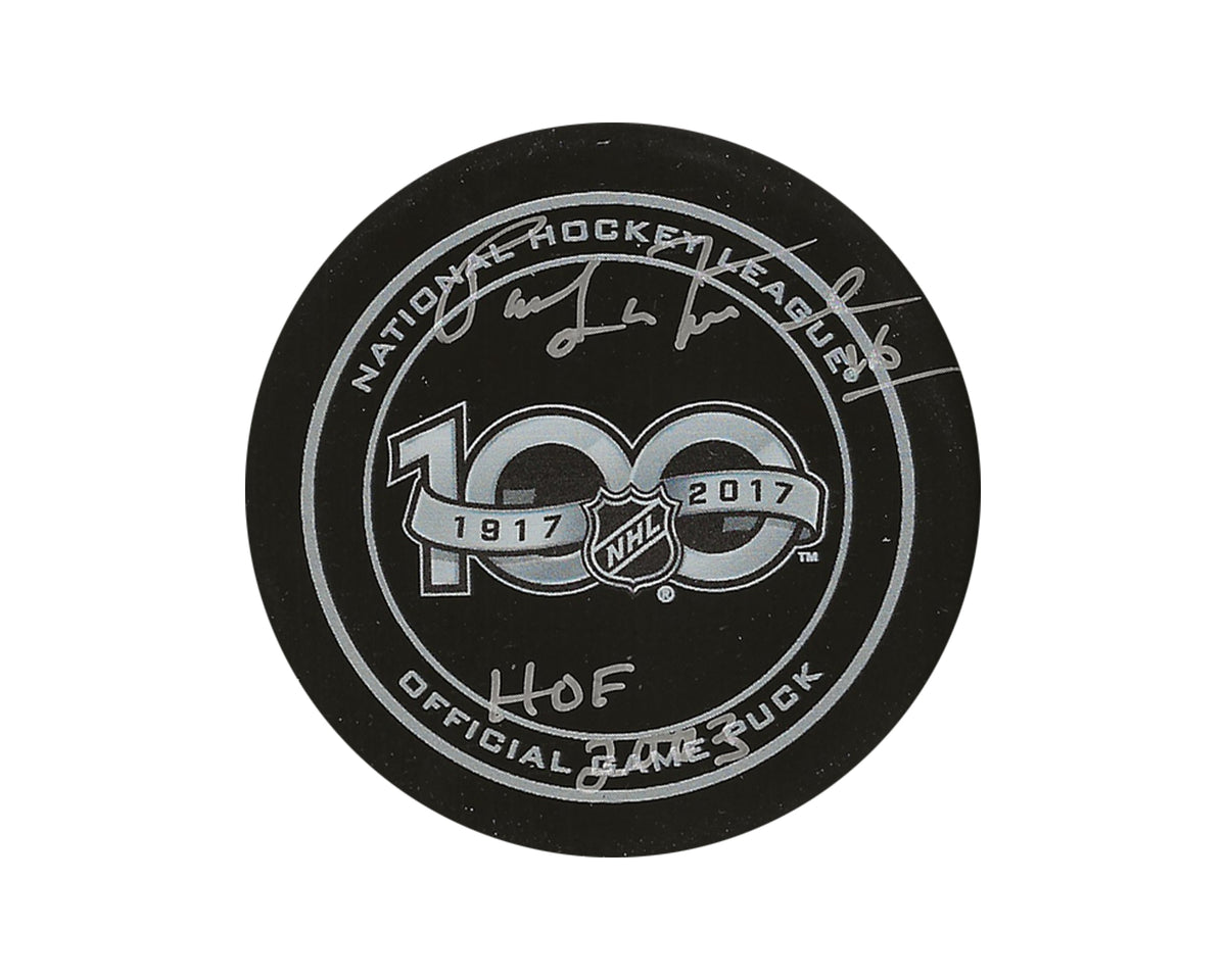 Palet de match officiel du 100e anniversaire de la LNH autographié par Pat Lafontaine, avec l'inscription "HHOF 2003"-1