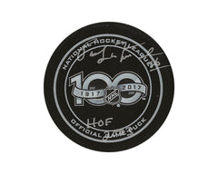 Palet de match officiel du 100e anniversaire de la LNH autographié par Pat Lafontaine, avec l'inscription "HHOF 2003"-1