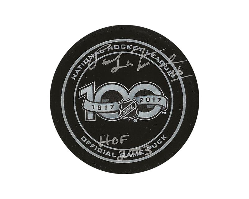 Palet de match officiel du 100e anniversaire de la LNH autographié par Pat Lafontaine, avec l'inscription "HHOF 2003"-1