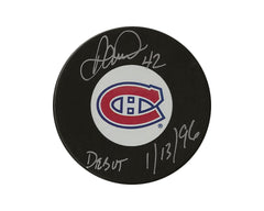 Disco de hockey modelo Montreal Canadiens autografiado por Darcy Tucker con la inscripción "Debut 1/13/96"-1