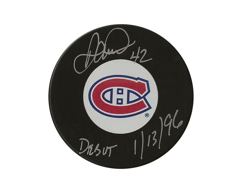 Disco de hockey modelo Montreal Canadiens autografiado por Darcy Tucker con la inscripción "Debut 1/13/96"-1