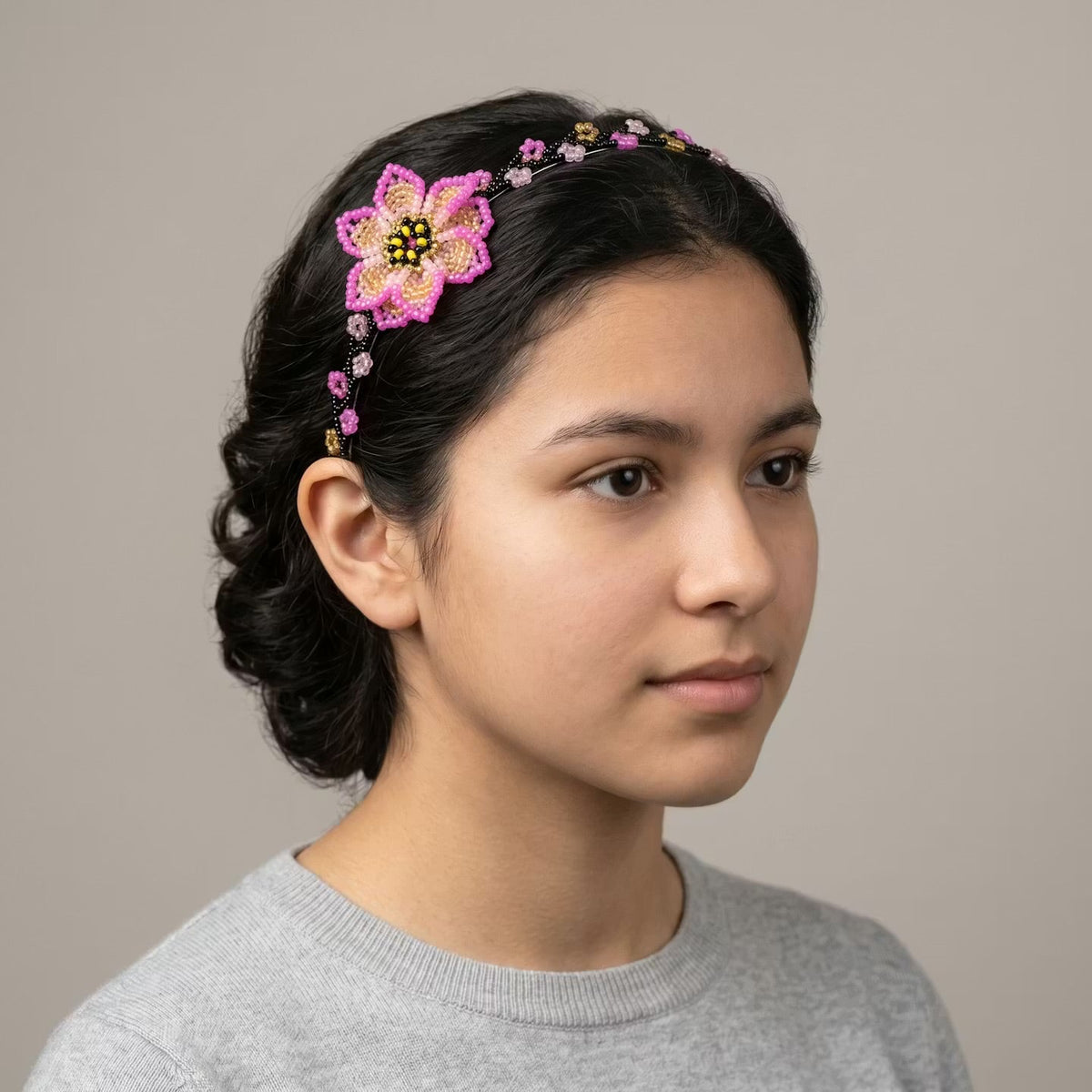 Beaded Headband with Flower Pink-1