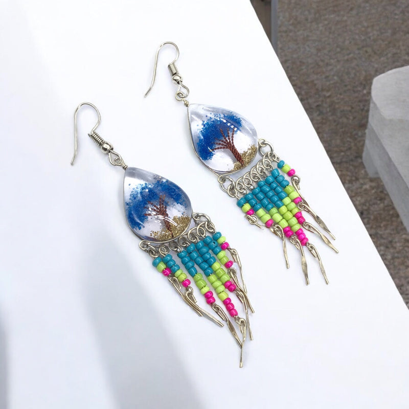 Tree of life Crushed Chip Stone Blue Earrings-2
