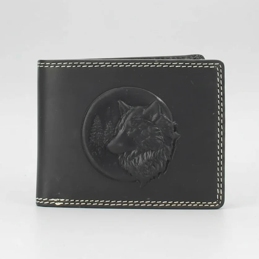 Men’s Cow Leather Wolf Embossed Bifold Wallet-1
