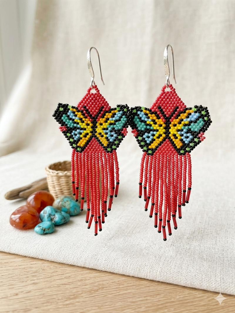 Red Beaded Dancing Wing Earrings-3