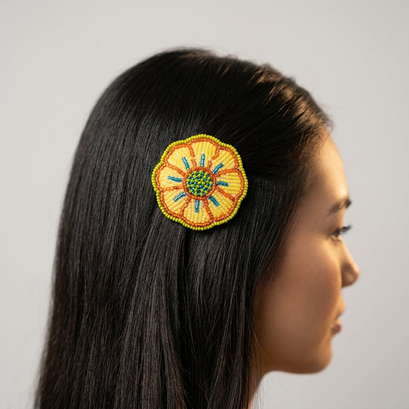 Yellow Beaded Flower Barrette-1