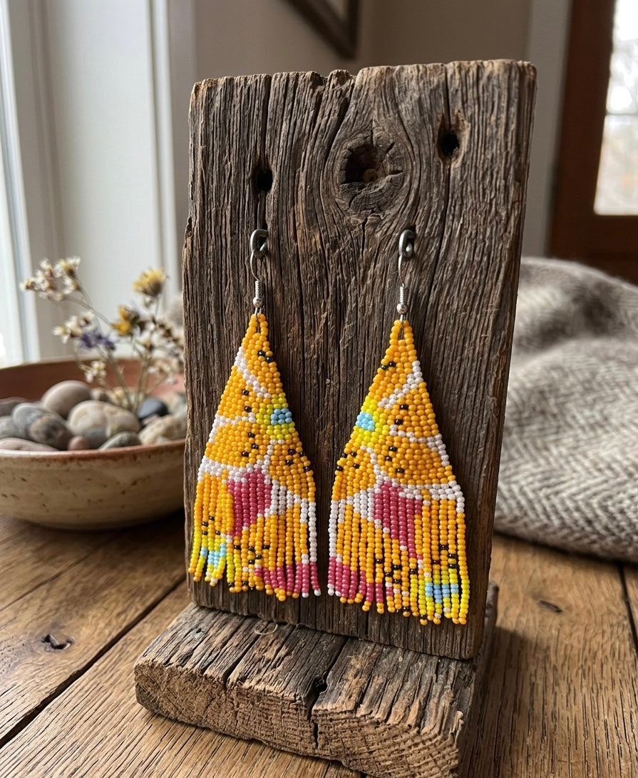 Flower Fringe Beaded Earrings (Mustard)-3