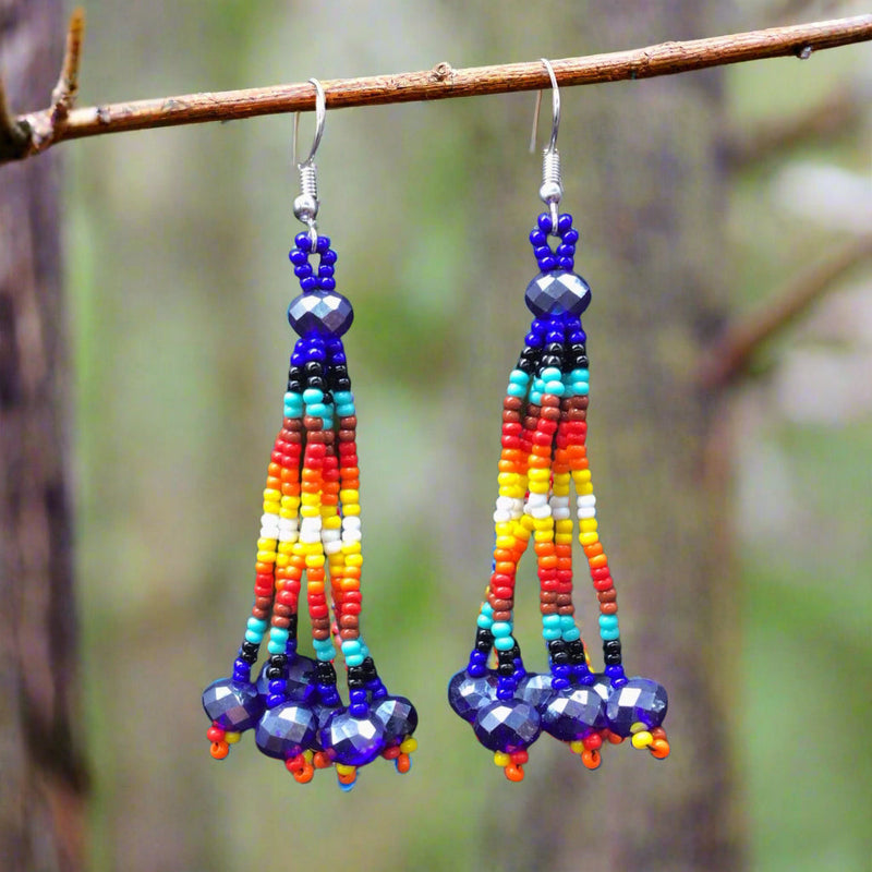 Blue Six-Strand Beaded Cascade Earrings-1