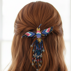 Golden and Blue Hummingbird Barrette with Fringes-1
