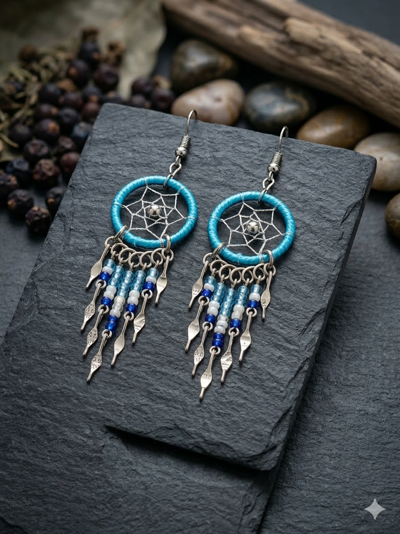 Blue /white Beaded Dreamcatcher earrings-2