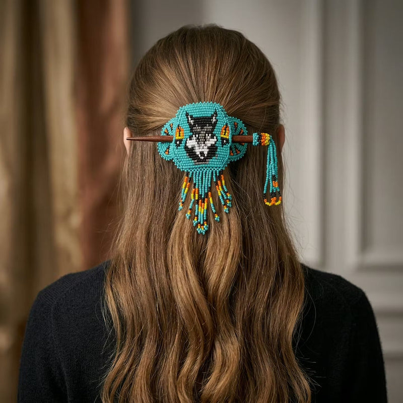 Wolf Fringed Beaded Barrette & Wooden Stick-16