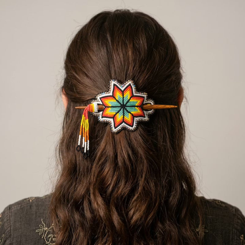 White Handmade Beaded Star Barrette-4