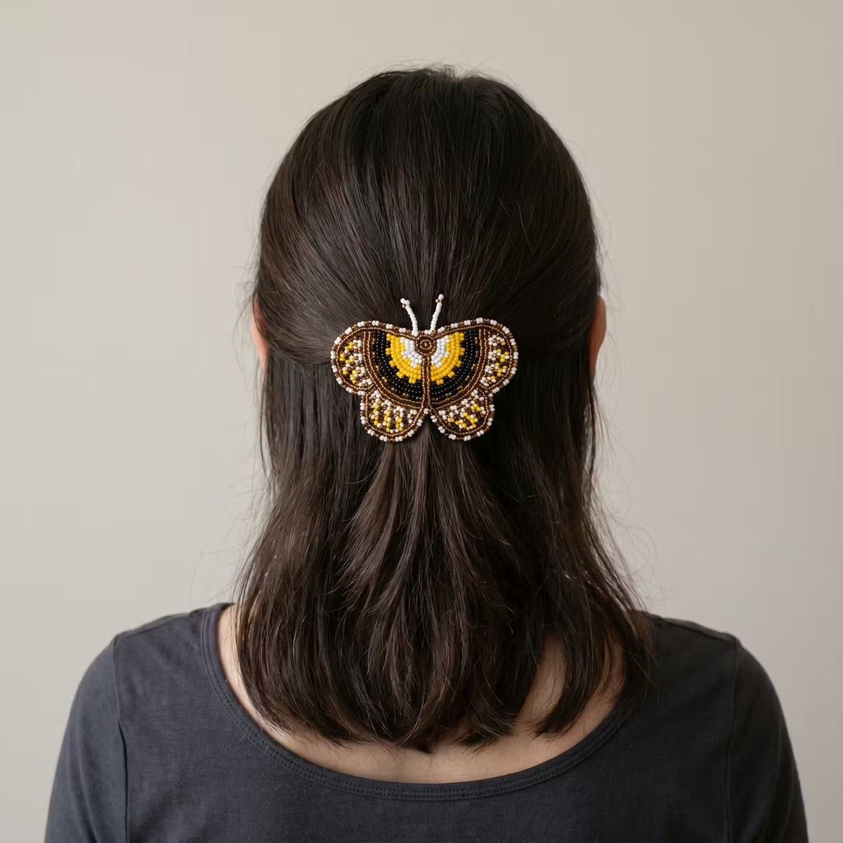 Yellow Butterfly Beaded Barrette-4