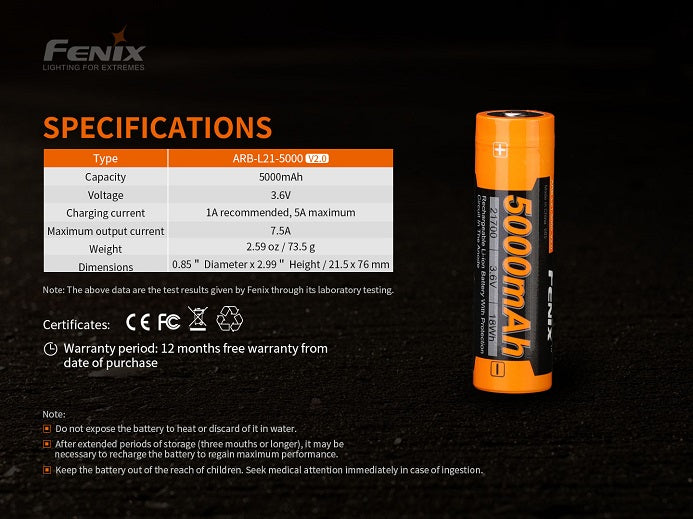 Fenix ARB-L21-5000 V2.0 Li-ion Rechargeable 21700 Battery-5