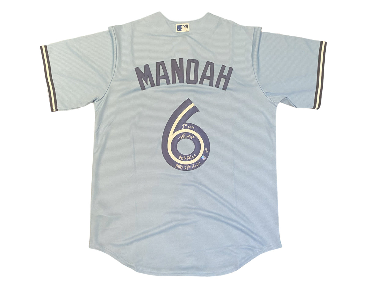 Camiseta Nike réplica de los Toronto Blue Jays color azul claro, autografiada por Alek Manoah, con inscripciones múltiples, edición limitada /66-1