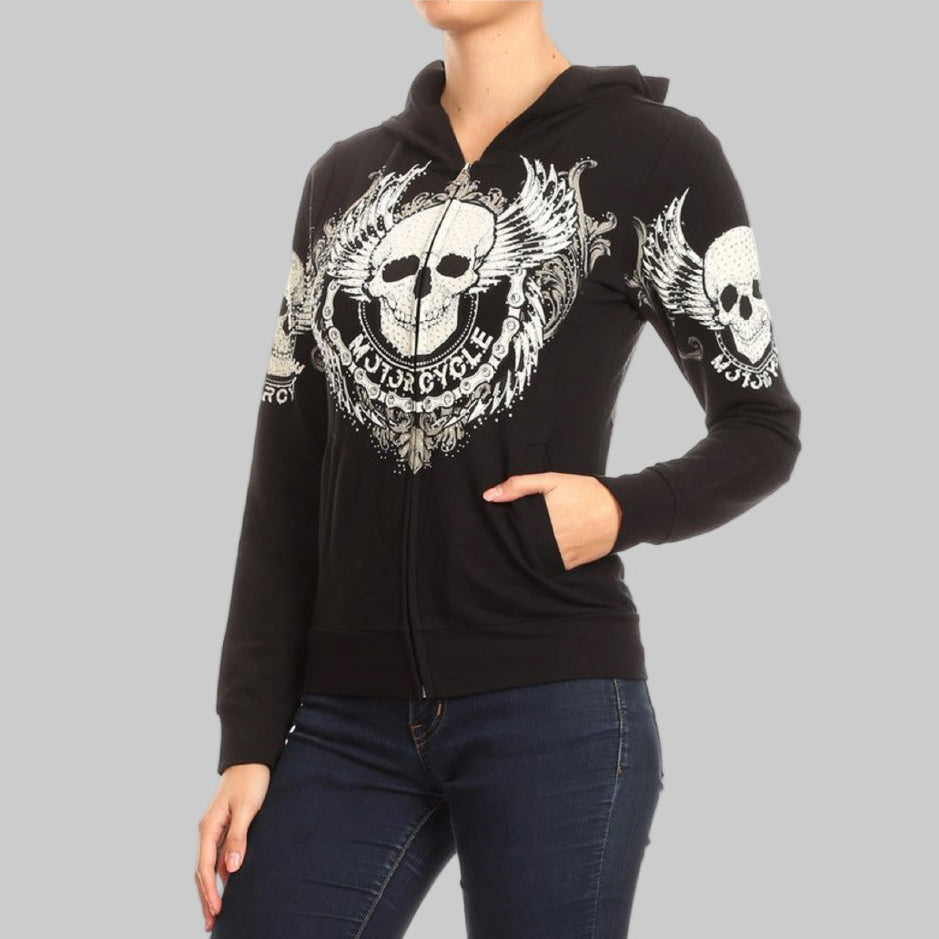 Women's Motorcycle Zip Up Hoodie with Rhinestone Skull & Wings-3