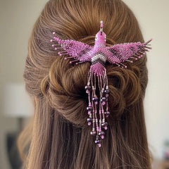 Pink and grey Hummingbird Barrette with Fringes-1