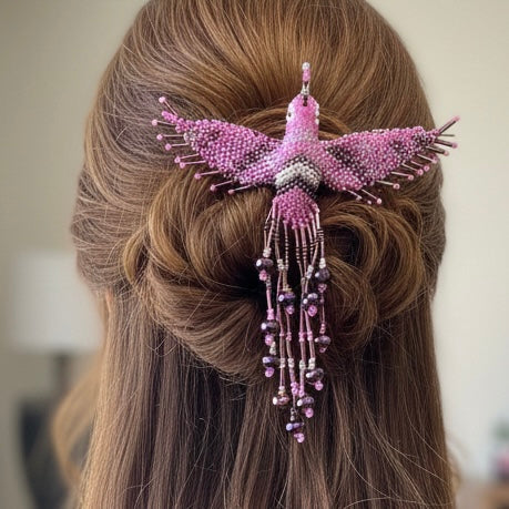 Pink and grey Hummingbird Barrette with Fringes-1