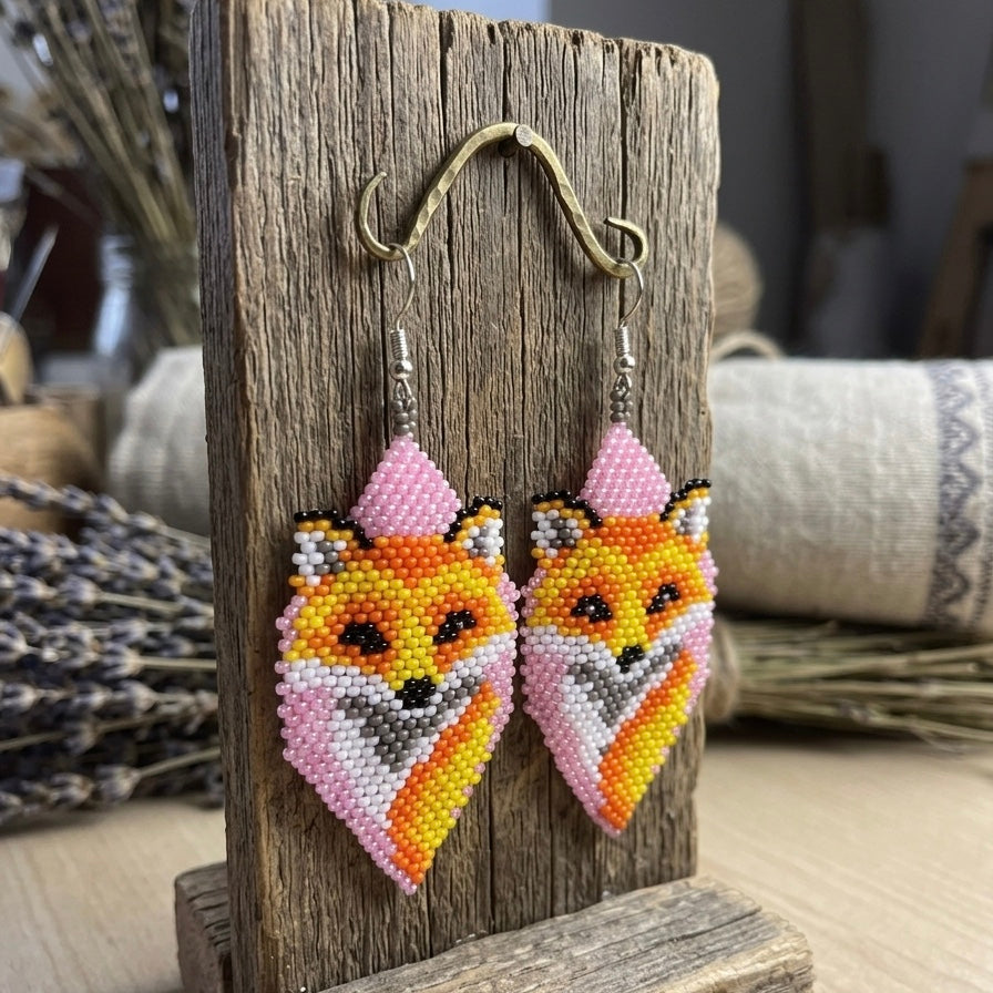 Fox Beaded Earrings (Pink)-2