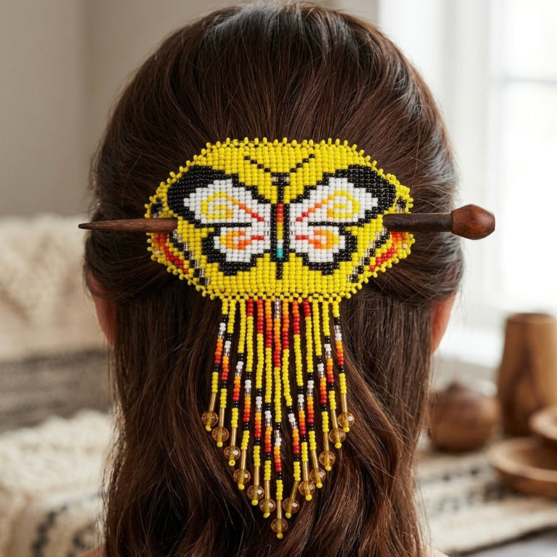 Butterfly Fringed Beaded Barrette & Wooden Stick-2