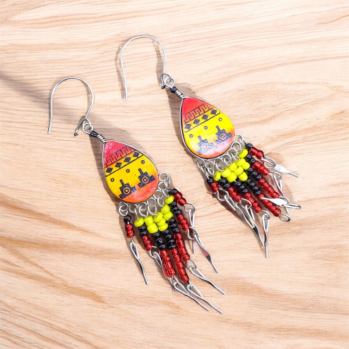 Small Sized Southwestern Red and Yellow Teardrop Earrings-2