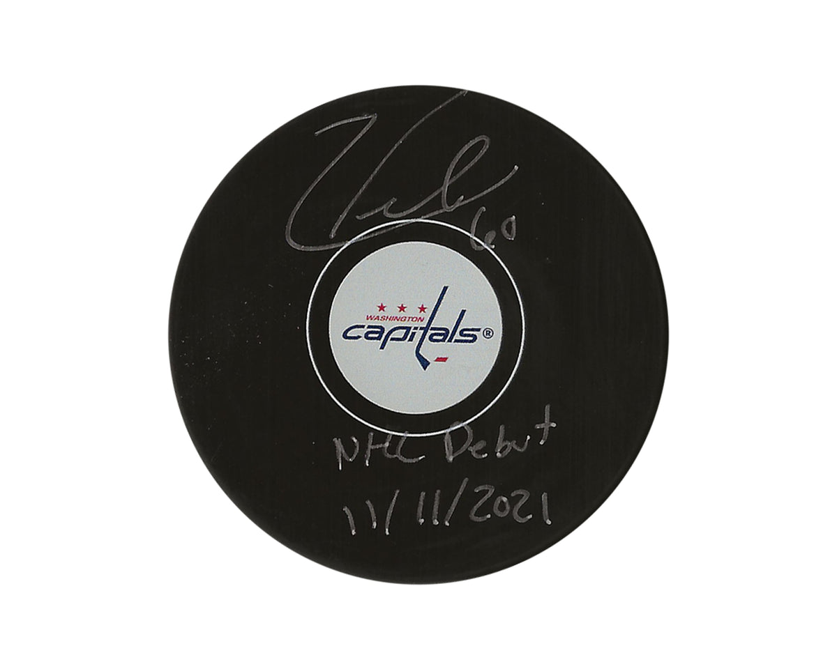Rondelle de hockey modèle autographiée des Capitals de Washington de Zach Fucale, dédicacée « NHL Debut 11/11/2021 »