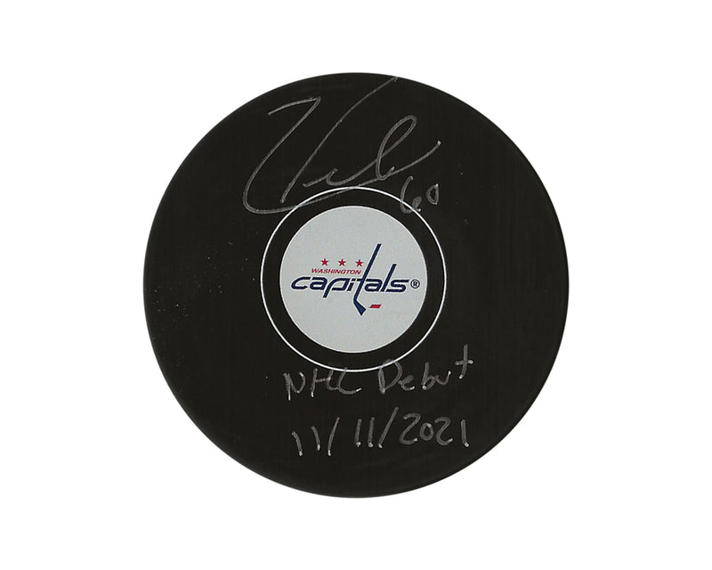Rondelle de hockey modèle autographiée des Capitals de Washington de Zach Fucale, dédicacée « NHL Debut 11/11/2021 »-1