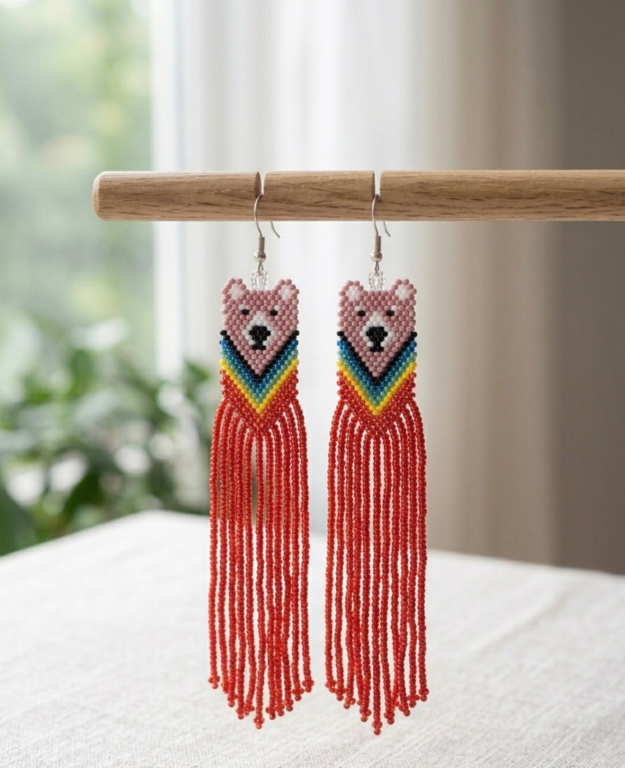 Pink - Red Native Bear Beaded Earrings-1