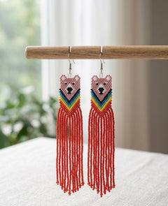 Pink - Red Native Bear Beaded Earrings-1