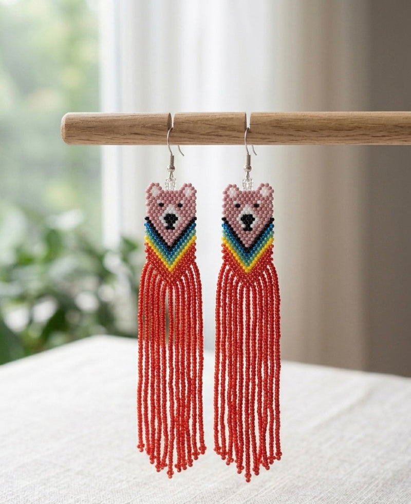 Pink - Red Native Bear Beaded Earrings-1