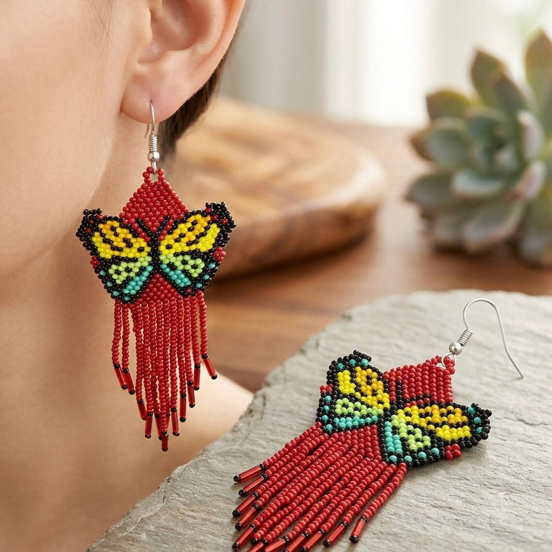 Dark red Beaded Dancing Wing Earrings-1
