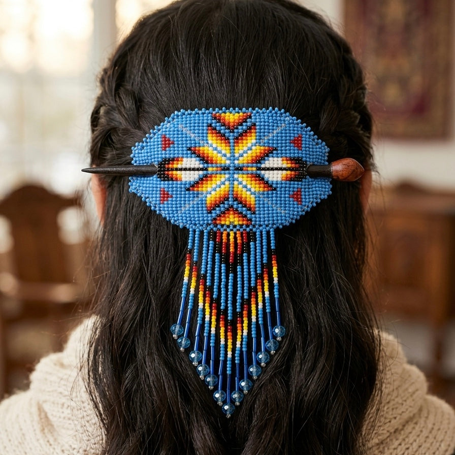 Feathers Fringed Beaded Barrette & Wooden Stick-2
