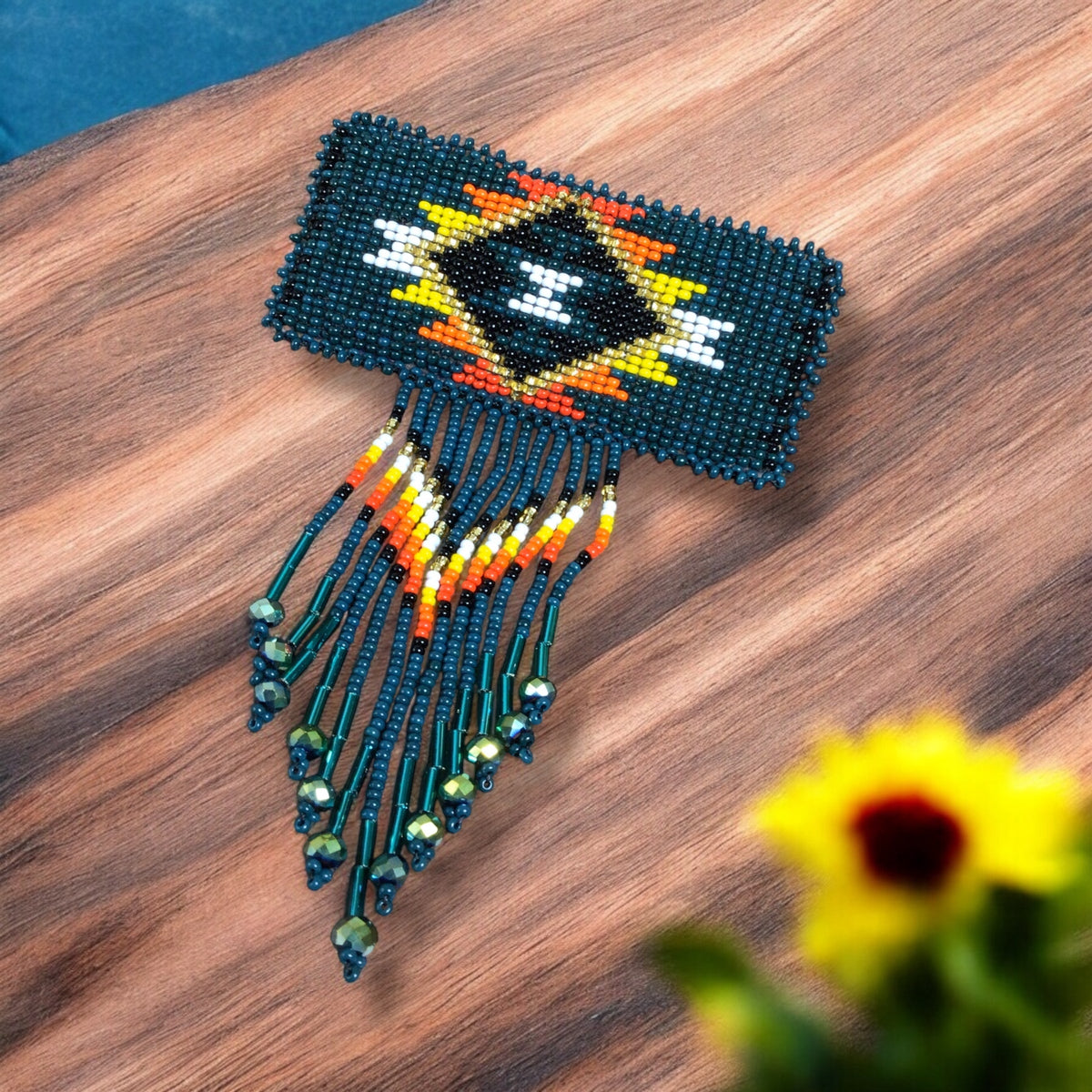 Rectangular Fringed Barrette - Dark Green-2